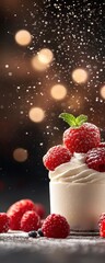 Delicious cupcake topped with fresh raspberries and cream, set against a magical bokeh background with sparkling shadows.
