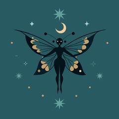Abstract butterfly fairy print with celestial elements and moon in cosmic design