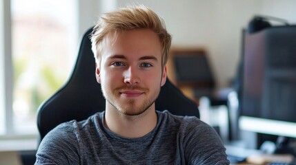 Portrait of young blond man, looking at camera