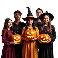 Fototapeta premium A group of friends made up of boys and girls dressed as Halloween, with large illuminated pumpkins in their hands, png image with transparent background