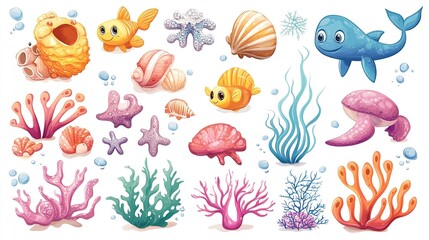 Naklejka premium Cartoon sea animals, shells, and corals, vector set, white background.