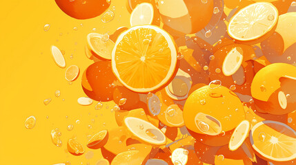 Oranges are falling in motion on a yellow background. Close-up of a variety of oranges falling into motion. AI generative