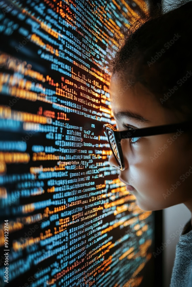 Poster cybersecurity, programming code, digital security analyst examines code for protecting data, it