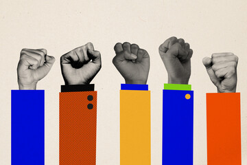 Composite photo collage of hands crowd show fist gesture feminism demonstration independence...