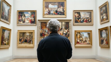 Man Admiring Art In Gallery  Museum Exhibition