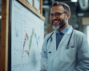 Happy doctor standing next to a graph showing.
