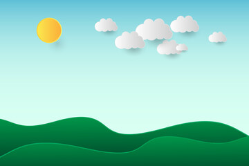 Obraz premium Meadow Landscape With Sun And Clouds Background. Vector Illustration. Paper Cut. Minimal