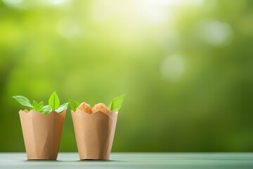 Fresh plants in eco-friendly pots, symbolizing nature and sustainability, against a bright green background.
