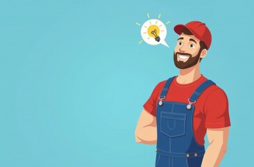 Repairman stay on left side, (right side is empty for text), smiling man in blue work overalls and red t-shirt looking at camera, cartoon drawn circle with idea yellow lamp inside circle flying around