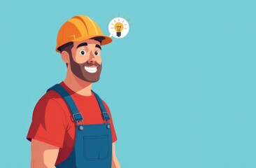 Repairman stay on left side, (right side is empty for text), smiling man in blue work overalls and red t-shirt looking at camera, cartoon drawn circle with idea yellow lamp inside circle flying around