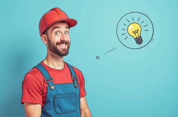Repairman stay on left side, (right side is empty for text), smiling man in blue work overalls and red t-shirt looking at camera, cartoon drawn circle with idea yellow lamp inside circle flying around