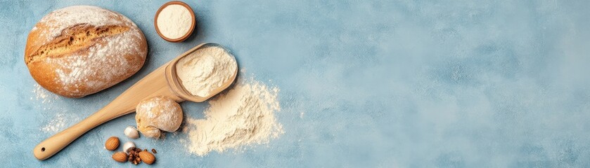 Fototapeta premium Freshly baked bread with flour, eggs, and tools on a blue surface, perfect for illustrating baking and culinary themes.