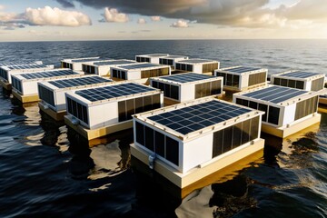 Floating data centers on the ocean, showing eco-friendly designs and modern sustainability tech.