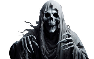 A scary Halloween ghost, dark and creepy, with a monstrous and menacing expression, The ghost is pale and translucent, with dark and sinister eyes, png image with transparent background