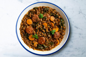 Lentil stew with chorizo, spinach and carrot. Top view table with  decorations.