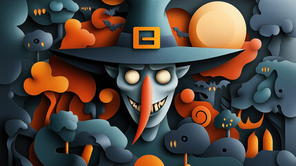 Abstract Halloween-themed illustration featuring a witch with a long nose, glowing eyes, and a wide-brimmed hat surrounded by stylized trees, bats, and a full moon.