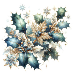 Magical Christmas blue gold winter composition with a winter holly, golden snowflake. New Year square postcard