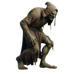 A tall and thin scary Halloween Goblin with green skin wearing a dark green cloak and hood, has a pumpkin-shaped mask with an evil smile and two horns, png image with transparent background