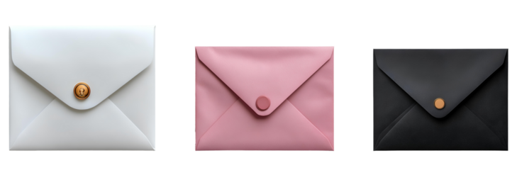 colorful envelope set PNG, Transparent Background, Clean Design, white, pink and black envelope, Sealed Rectangular Envelope, Modern and Simple Style, Isolated Graphic Element for Mail