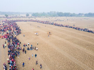 Aerial view of bullock carts race during a cultural festival with a large crowd in an open field, Jassore, Bangladesh.
