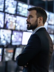 A man in a suit is looking at a wall of monitors
