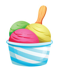 Ice cream scoops in a cup with wooden spoon. Vector cartoon illustration