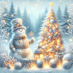 Magical Christmas blue gold winter composition with a snowman in snowy forest, golden garlands on Chrestmas tree. New Year square postcard