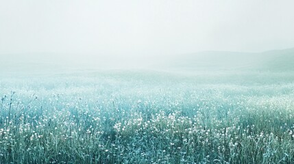 Foggy field with white wildflowers.