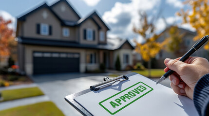 Approved Home Loan Application in Front of a House.