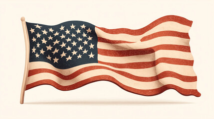 Obraz premium Illustration of the American flag waving, featuring red and white stripes and white stars on a blue field.