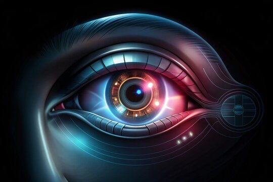 High-tech bionic eye implants, showing a glowing eye and the person&rsquo;s vision filled with augmented data.
