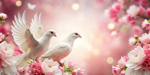 Fototapeta premium Lovely white doves on pink flowers background symbolizing love and affection for birthday and Mother's Day cards , dove