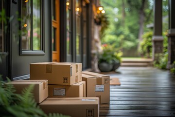 Several packages delivered to a picturesque front porch, with lush greenery and a wooden pathway.