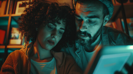 Couple sharing a quiet moment, deeply engaged in a tablet, with warm lighting creating an intimate atmosphere in a cozy room