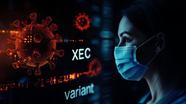 Woman in medical mask and abstract 3D model of new coronavirus variant "XEC"