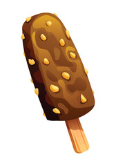 Ice cream stick covered in chocolate and nuts with a crunchy texture. Vector cartoon illustration