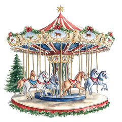 carousel with horses, Christmas theme, watercolor illustration, isolated on a white background