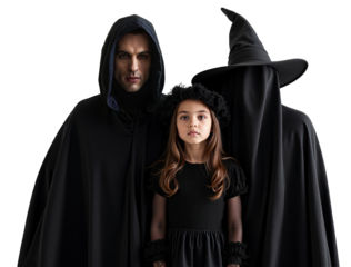 Two mysterious male figures wearing Halloween clothes and a little girl dressed as a witch, png image with transparent background