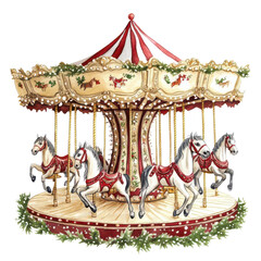carousel with horses, Christmas theme, watercolor illustration, isolated on a white background