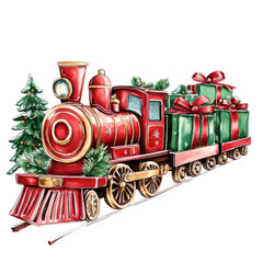 Christmas train with presents, watercolor style, cozy and festive, isolated on a white background