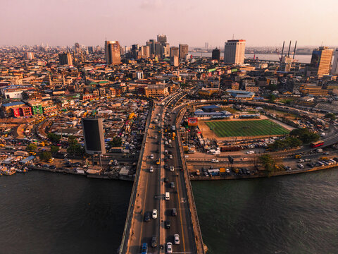 Aerial view of beautiful cityscape with skyscrapers and the lekki ikoyi link bridge, Lagos, Nigeria.