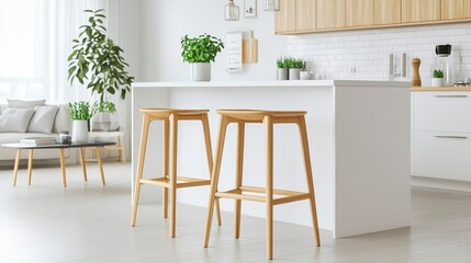 Bamboo kitchen stools with curved seats complement a modern kitchen setup