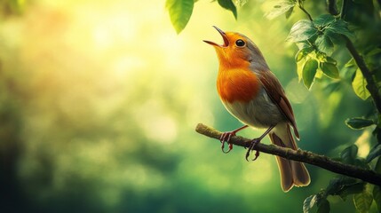 Obraz premium A robin perched on a branch, singing with its mouth open wide, surrounded by green leaves and sunlight.