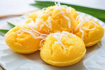 Toddy Palm Cake , thai dessert , thai called khanom tarn in white ceramic plate on white background, close up food