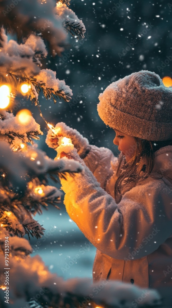 Sticker A little girl in a white coat holding a string of lights