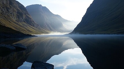 Misty morning light reflecting on a still mountain lake with rocky shores.