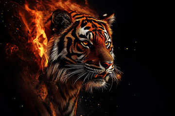 Obraz premium A fierce tiger's head with fiery effects, symbolizing power and strength.