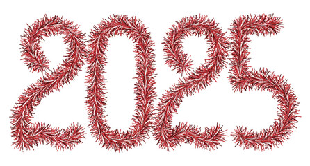 Tinsel. 2025. Lettering from festive Christmas decoration. Fluffy numbers. Red color. Vector illustration. Isolated white background. Cute plush message. Coming year. Rustling lettering. 