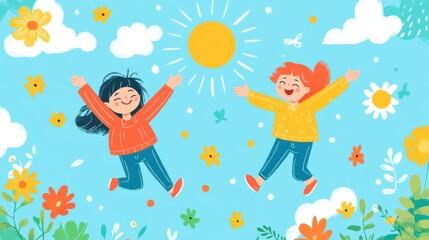 A couple of kids that are jumping in the air