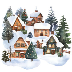 snowcovered Christmas village, cozy and festive, watercolor style, isolated on a white background